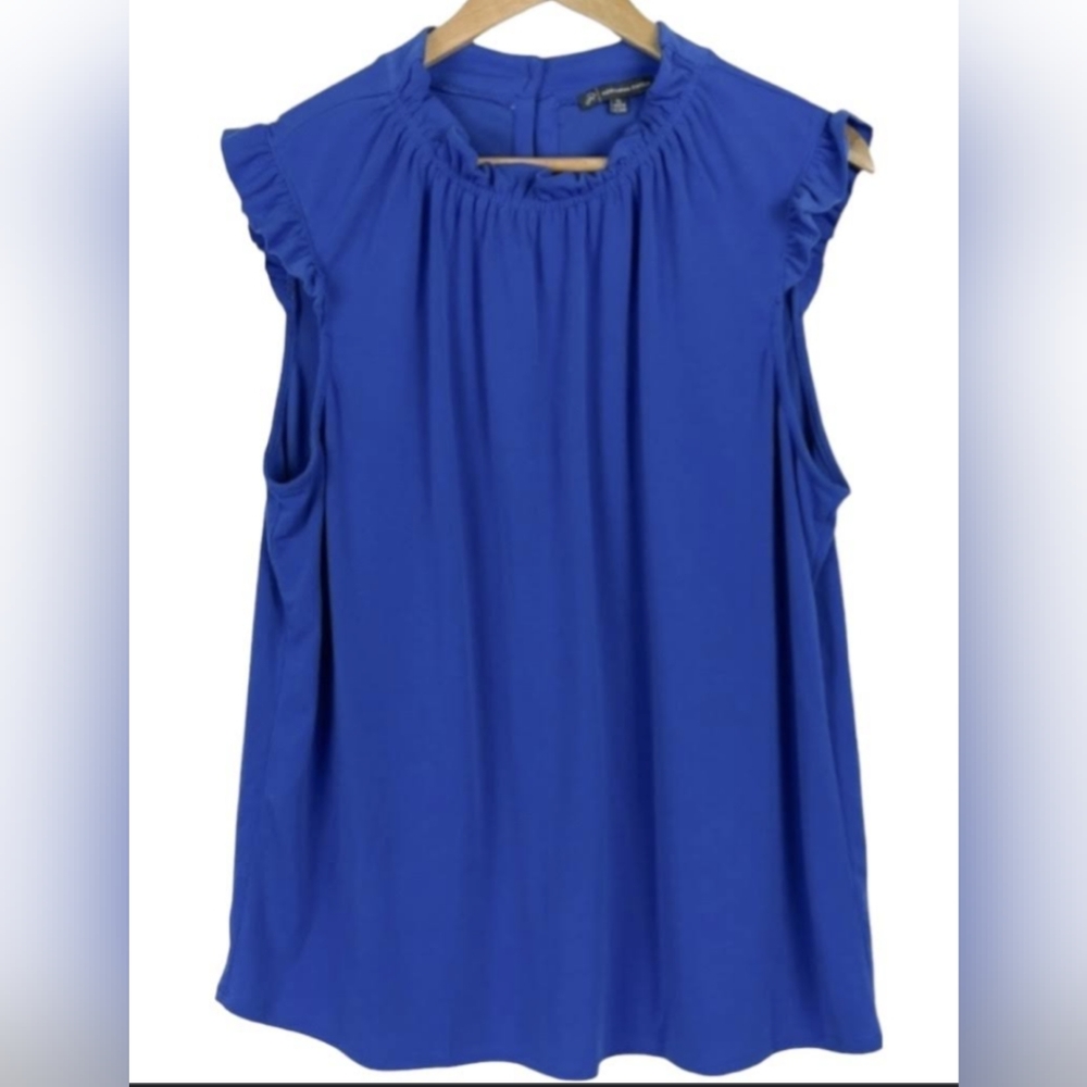 Adrianna Papell blue ruffle neck sleeveless top